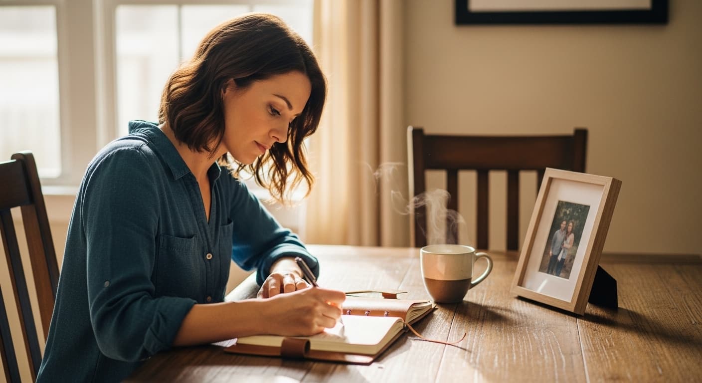 A woman writing a heartfelt eulogy in a journal at a sunlit wooden table