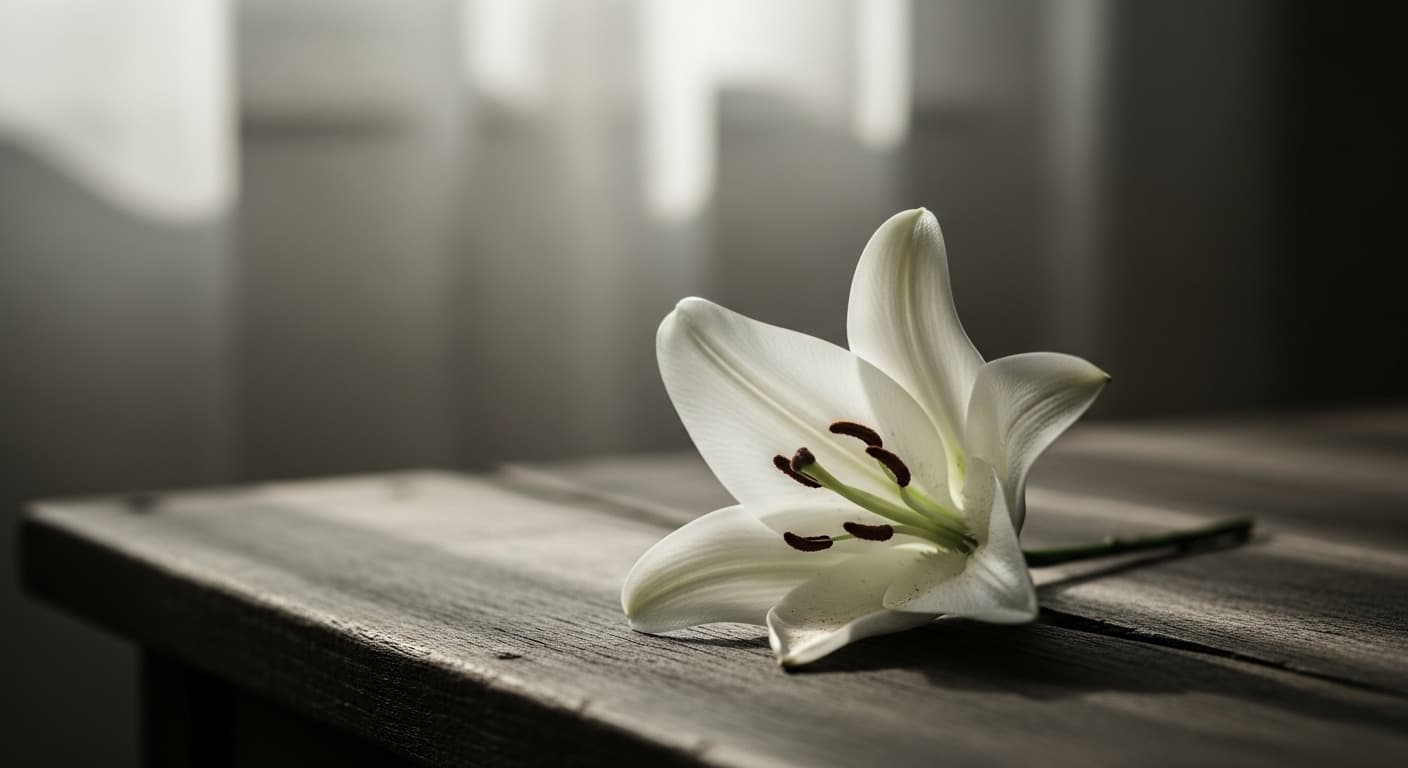 A single white lily resting on a dark weathered wooden surface with soft muted window light, conveying a quiet, contemplative mood