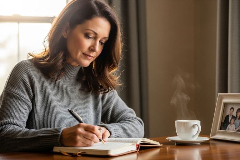 A woman thoughtfully writing an obituary at a sunlit desk with family photos nearby