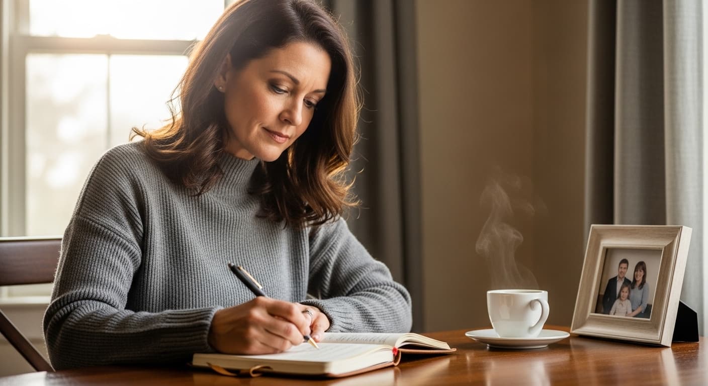 A woman thoughtfully writing an obituary at a sunlit desk with family photos nearby