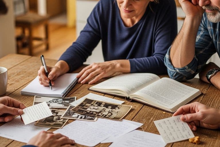 A family sitting together reviewing photographs and notes while writing an obituary