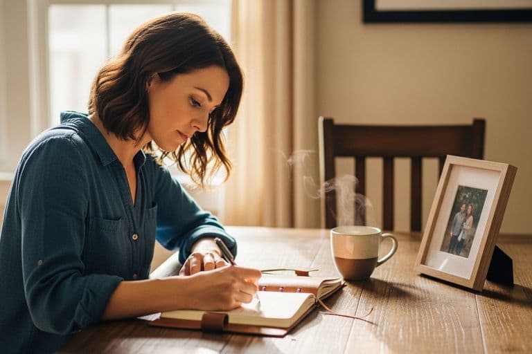 A woman writing a heartfelt eulogy in a journal at a sunlit wooden table