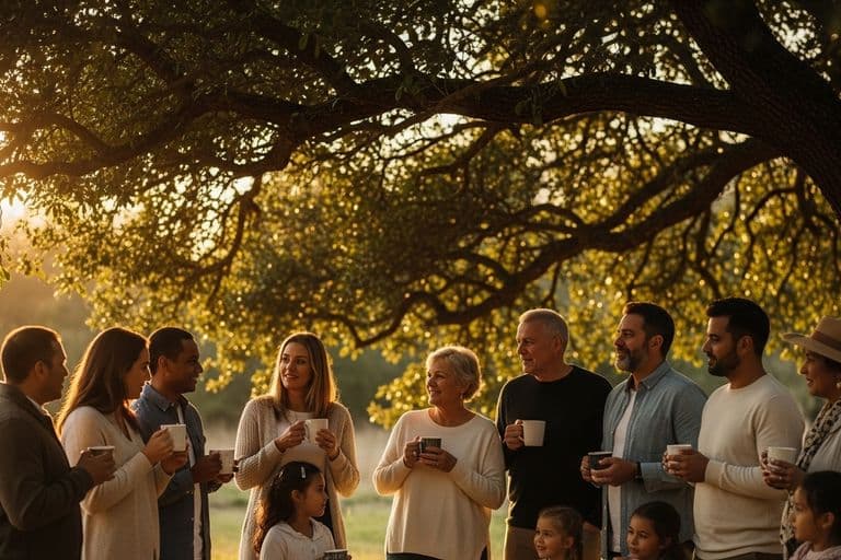 A diverse group of friends and family gathered outdoors under a large oak tree, smiling and sharing stories to celebrate a loved one's life.
