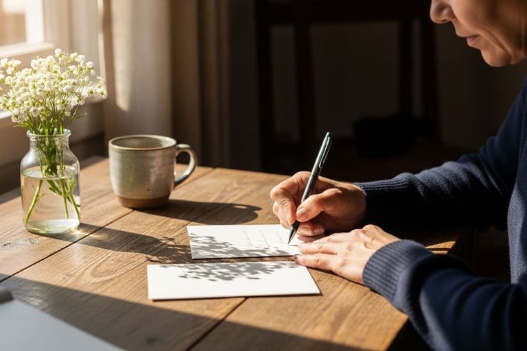 A person thoughtfully writing a sympathy card at a well-lit wooden desk