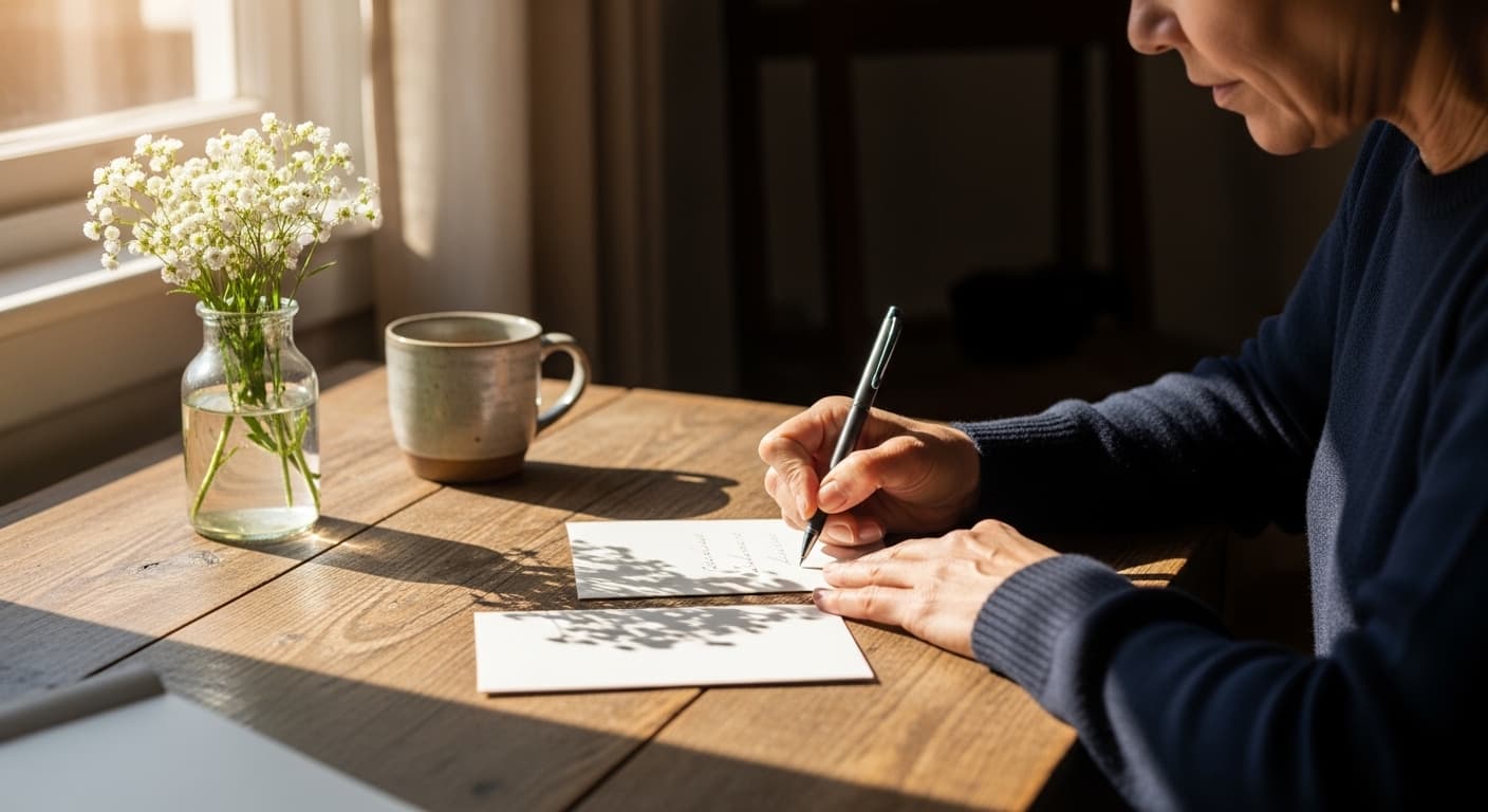A person thoughtfully writing a sympathy card at a well-lit wooden desk