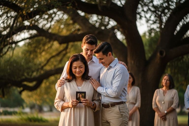 A family gathering outdoors under a large oak tree, sharing memories and comforting each other during a peaceful memorial service.