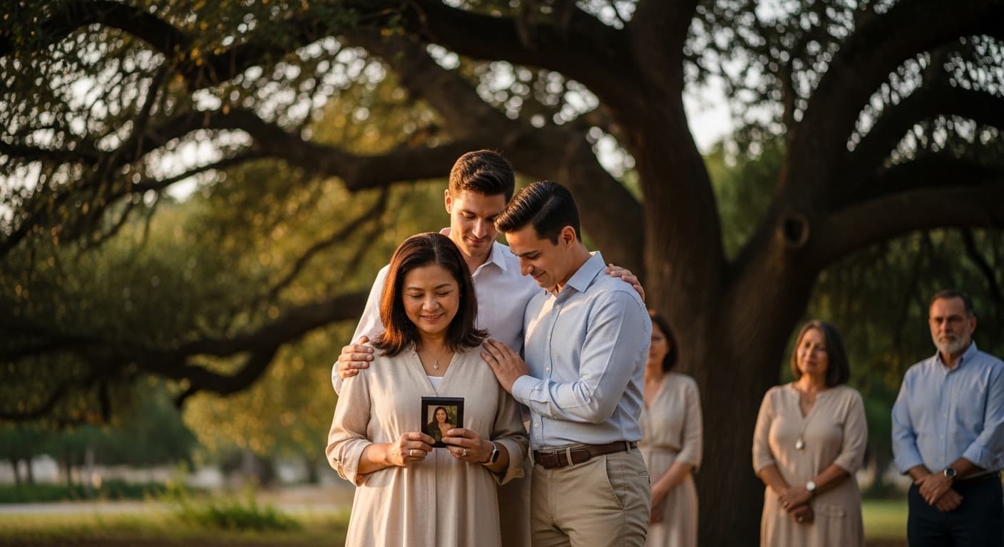 A family gathering outdoors under a large oak tree, sharing memories and comforting each other during a peaceful memorial service.