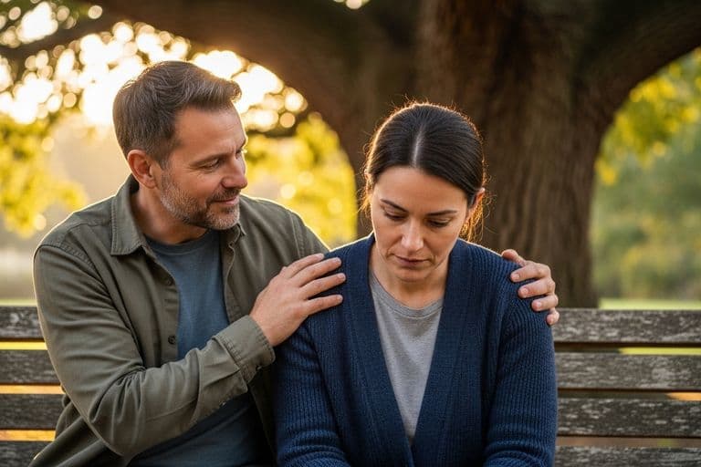 Two friends sitting together outdoors, one gently comforting the other