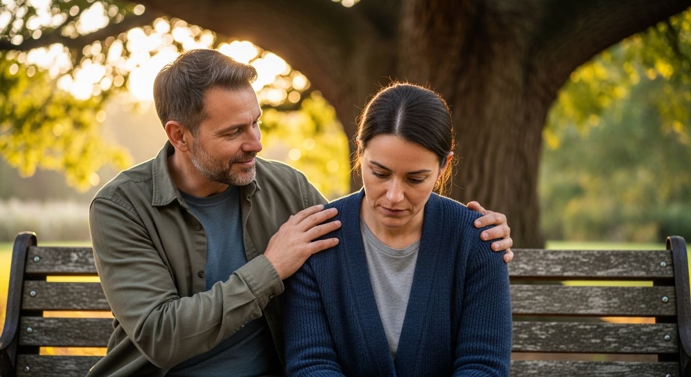 Two friends sitting together outdoors, one gently comforting the other