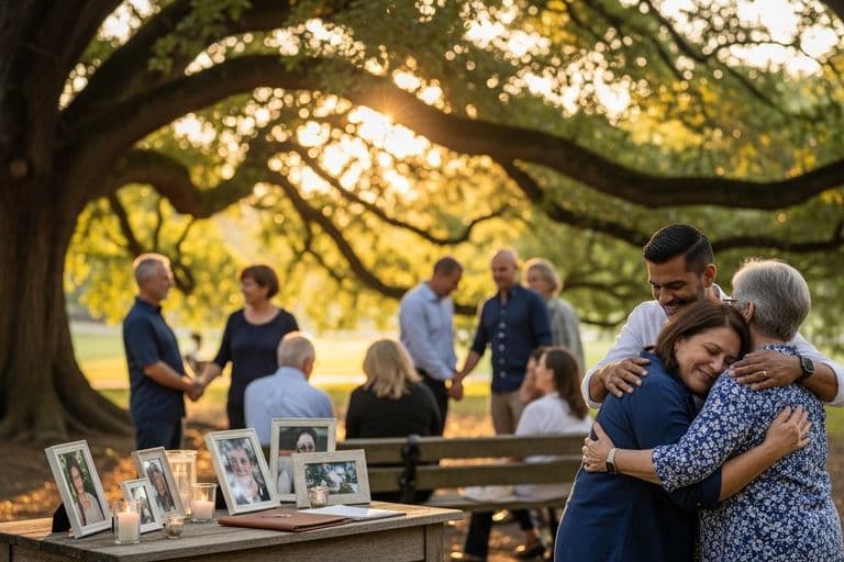 A warm, sunlit outdoor gathering of family and friends celebrating a loved one's life under a large oak tree.
