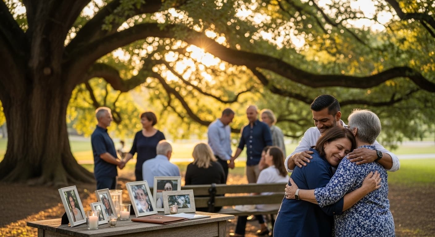 A warm, sunlit outdoor gathering of family and friends celebrating a loved one's life under a large oak tree.