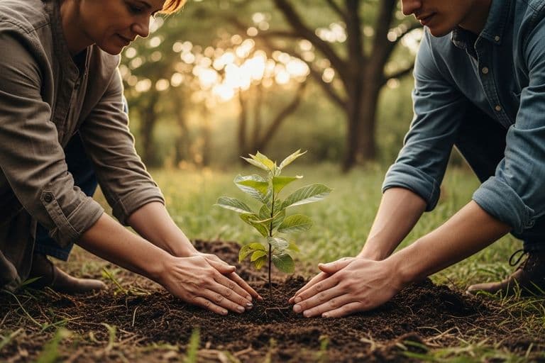 A family planting a young tree sapling together in a sunlit forest, representing a living memorial tribute.