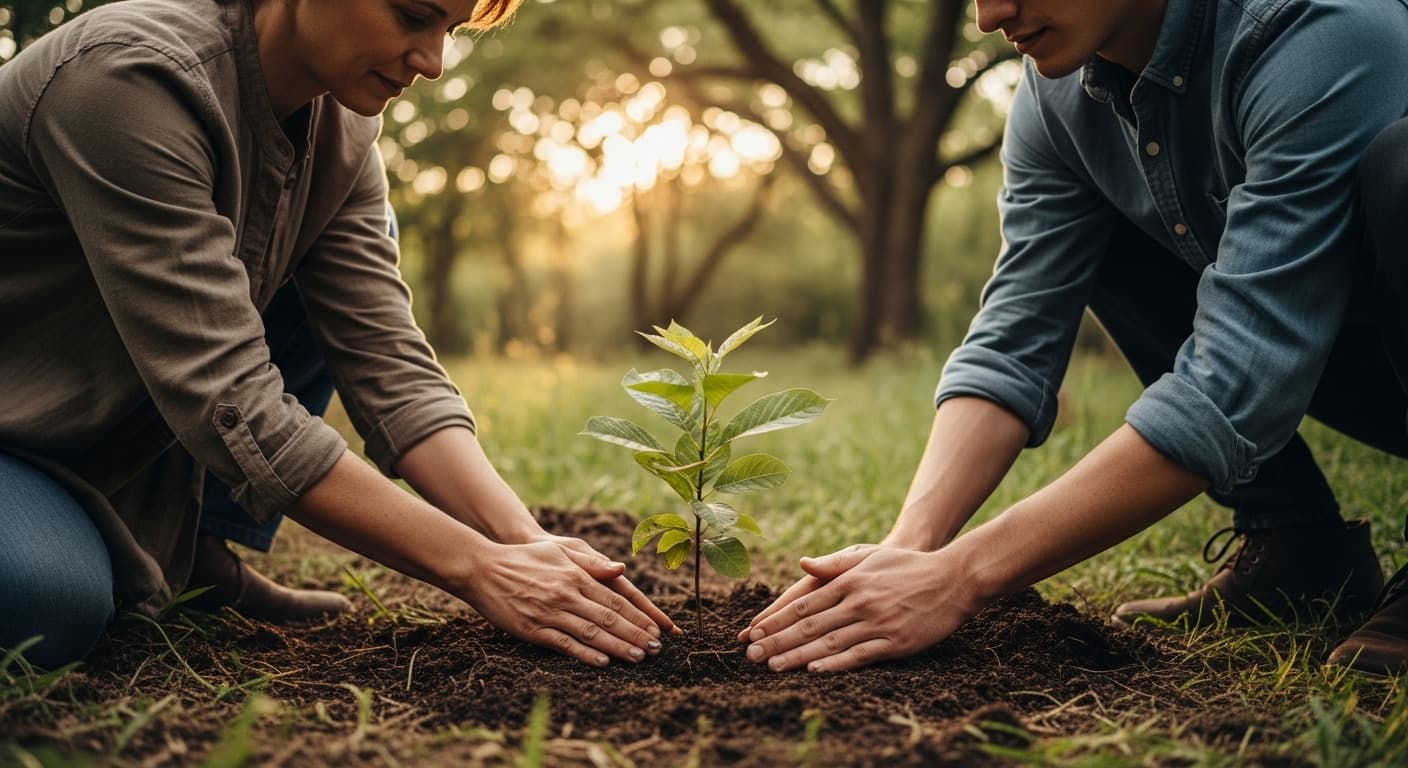 A family planting a young tree sapling together in a sunlit forest, representing a living memorial tribute.