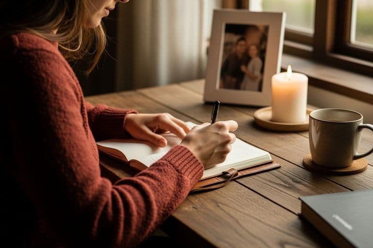 A woman writing an obituary at a wooden desk with a warm cup of tea and a glowing candle.