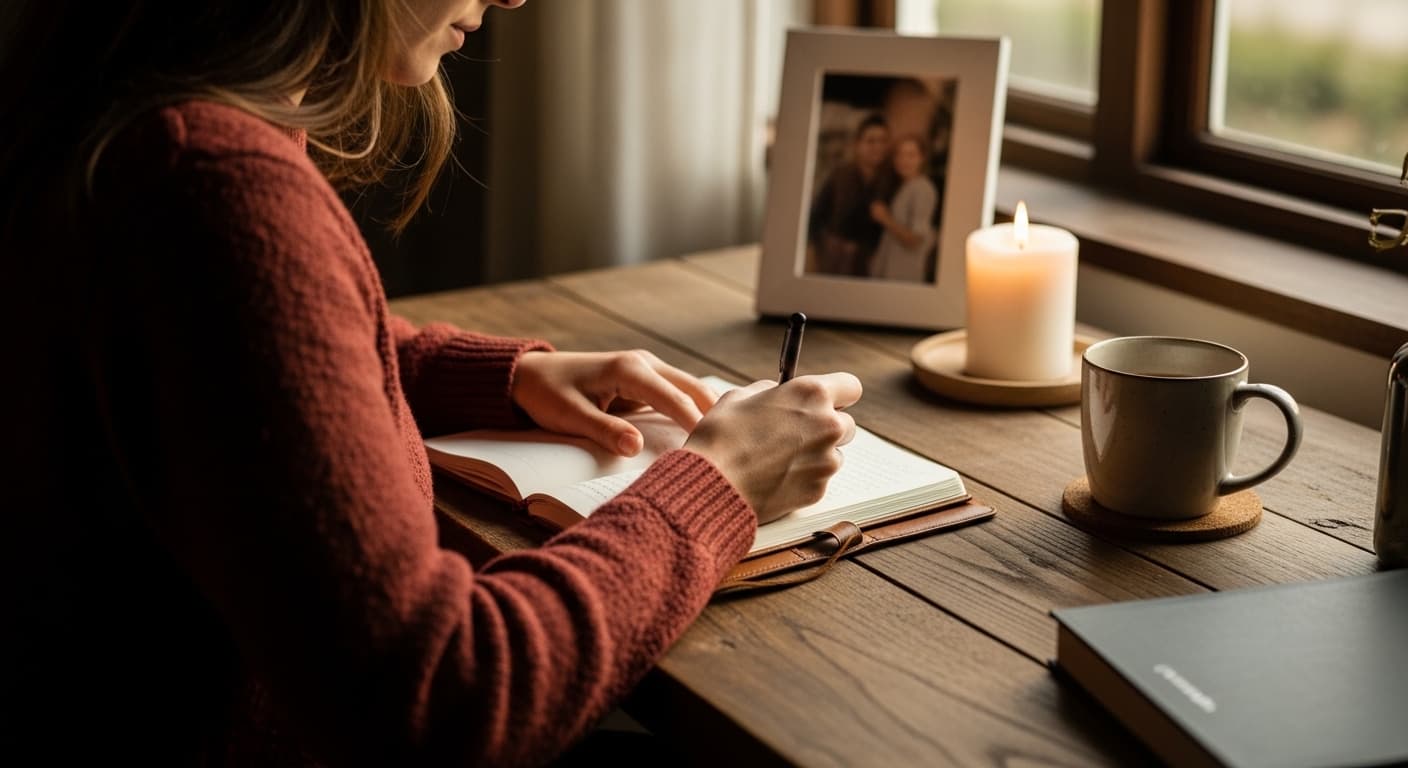 A woman writing an obituary at a wooden desk with a warm cup of tea and a glowing candle.