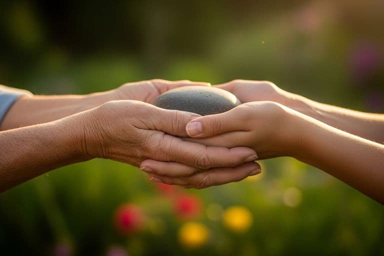 A close-up of two people's hands, one older and one younger, holding a small, smooth stone together in a sunlit garden.