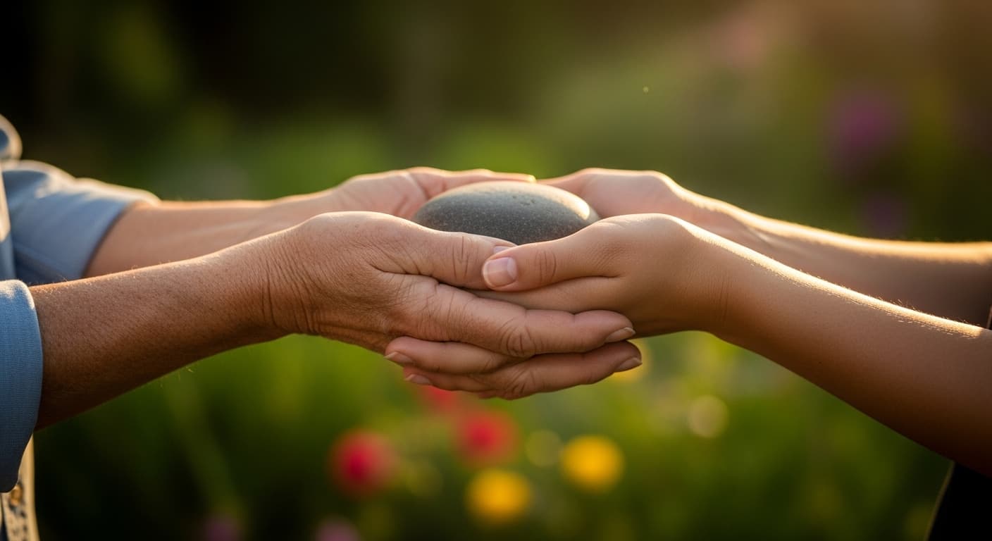A close-up of two people's hands, one older and one younger, holding a small, smooth stone together in a sunlit garden.