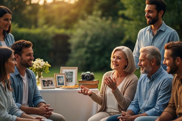 A diverse group of family and friends sharing heartfelt stories and laughing together at an outdoor celebration of life.