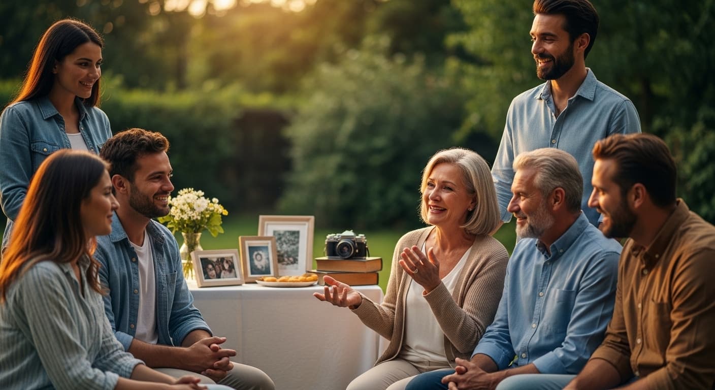 A diverse group of family and friends sharing heartfelt stories and laughing together at an outdoor celebration of life.