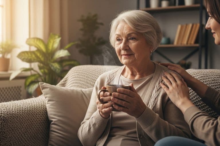 A close-up of one person's hand resting gently on another's in a gesture of comfort and support.