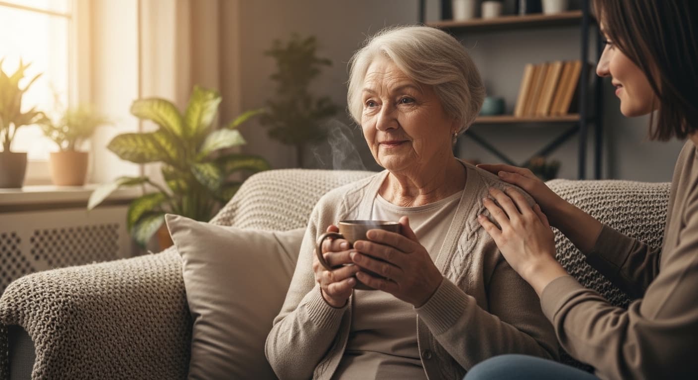 A close-up of one person's hand resting gently on another's in a gesture of comfort and support.