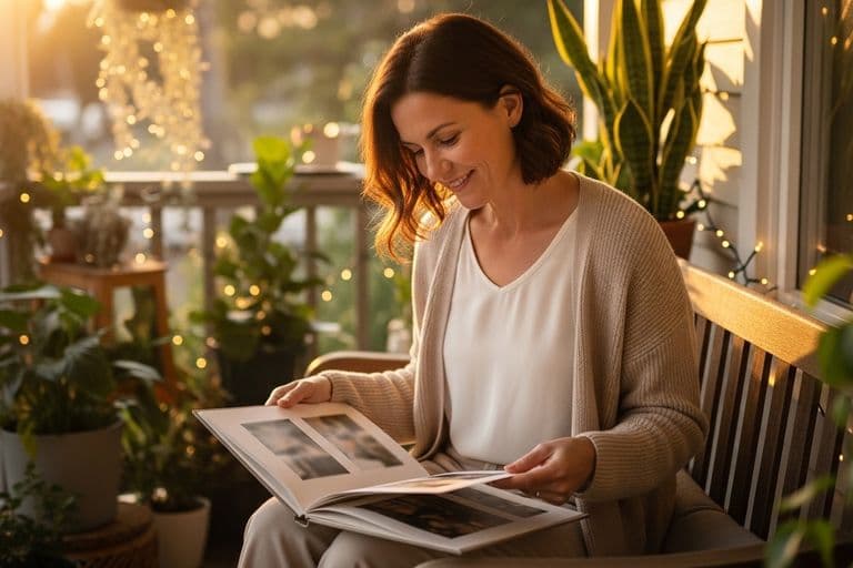 A woman sitting on a sunlit porch, looking through a photo album with a gentle, reflective smile surrounded by warm string lights and potted plants.