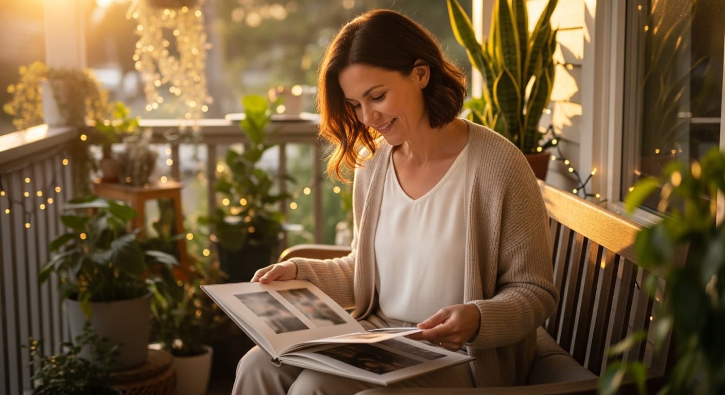 A woman sitting on a sunlit porch, looking through a photo album with a gentle, reflective smile surrounded by warm string lights and potted plants.