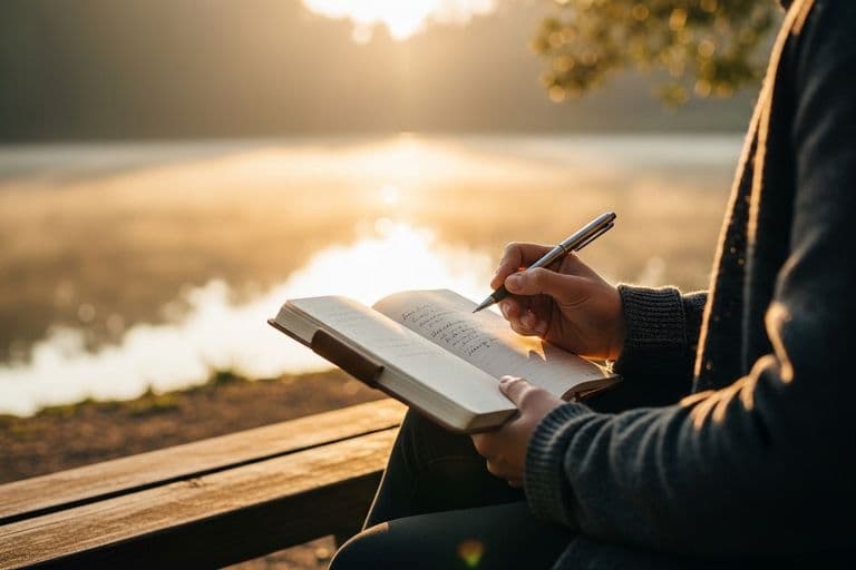 A person sitting on a peaceful, sunlit bench by a lake, writing in a journal to honor a loved one's heavenly birthday.