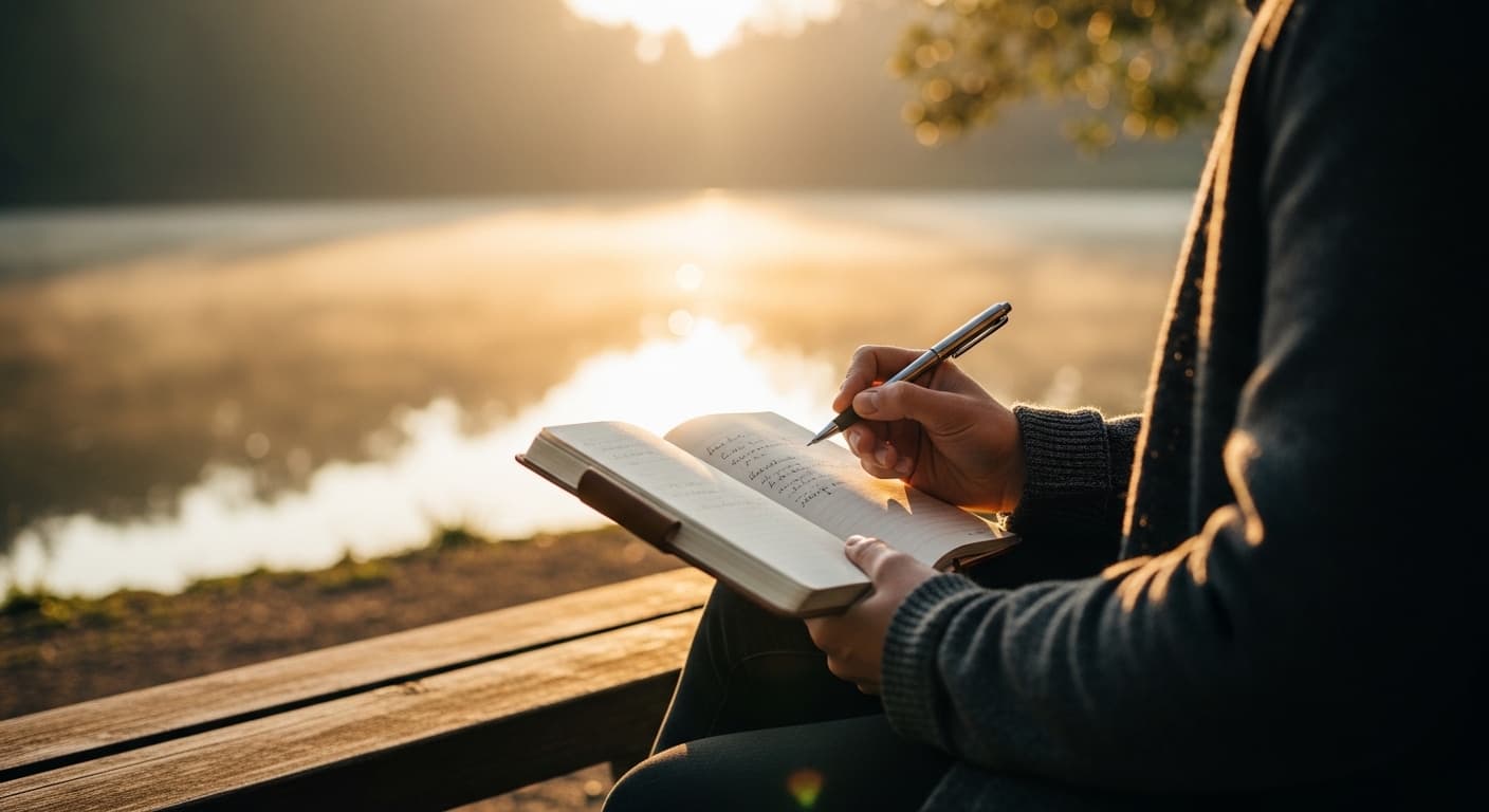 A person sitting on a peaceful, sunlit bench by a lake, writing in a journal to honor a loved one's heavenly birthday.