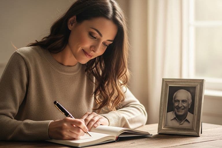 A thoughtful woman sits at a sunlit wooden table, writing in a journal with a pen, a cherished framed photo of her smiling father placed beside her.