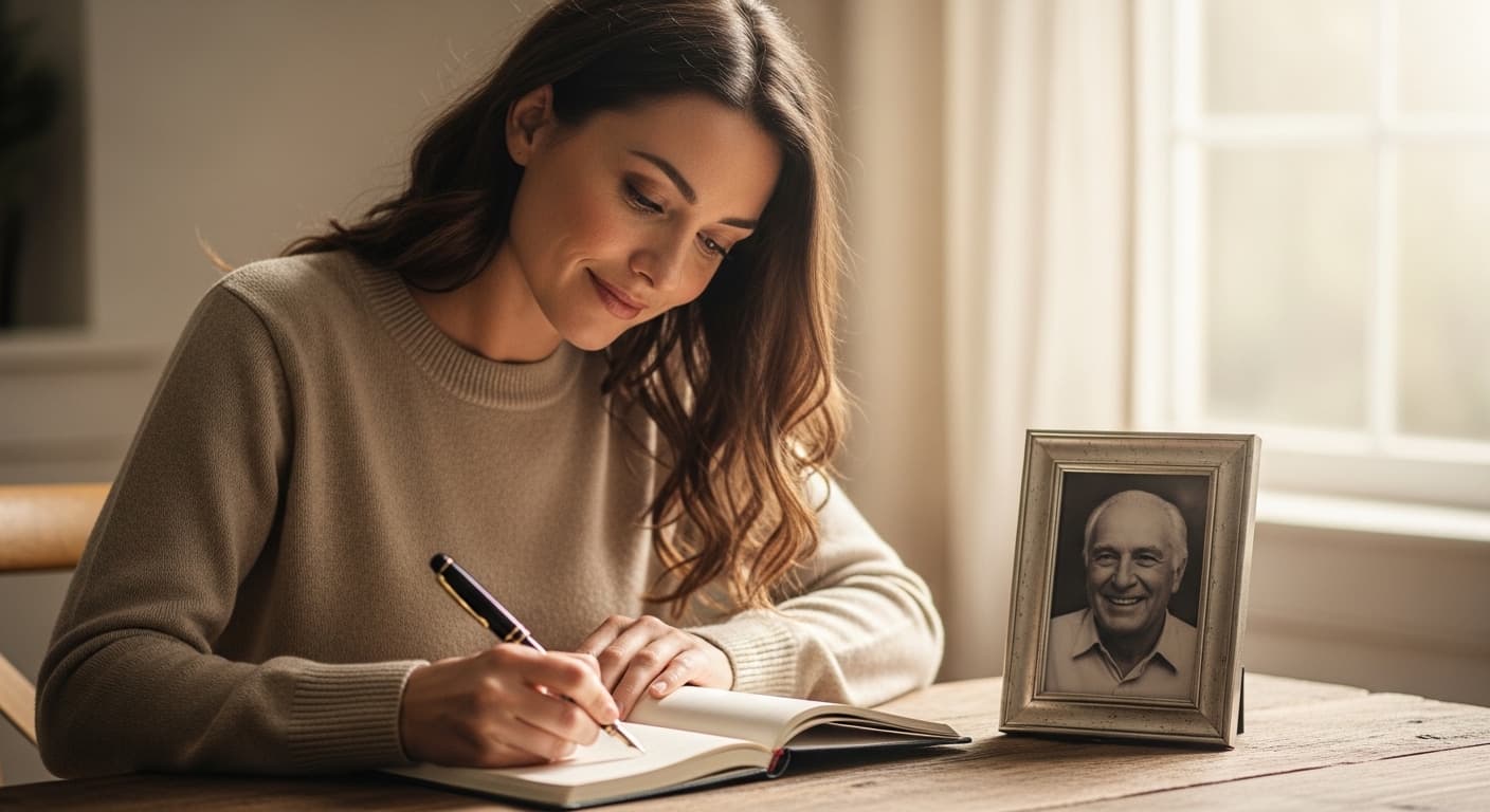 A thoughtful woman sits at a sunlit wooden table, writing in a journal with a pen, a cherished framed photo of her smiling father placed beside her.