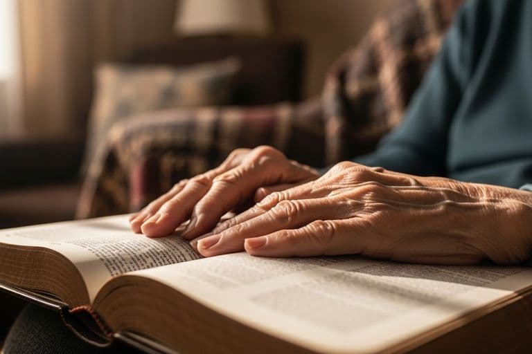 An older woman's hands resting gently on an open Bible, with soft morning light streaming in from a window, creating a peaceful and reflective mood.