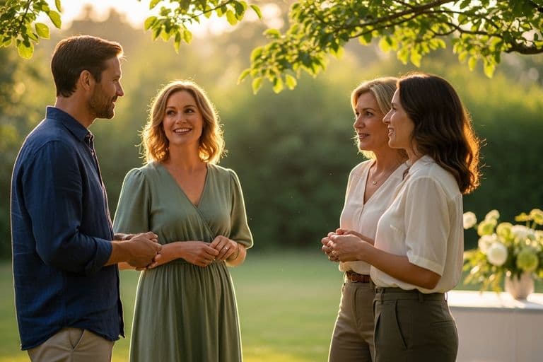 A diverse group of people dressed in smart casual attire, in shades of blue and green, smiling and talking at an outdoor celebration of life.