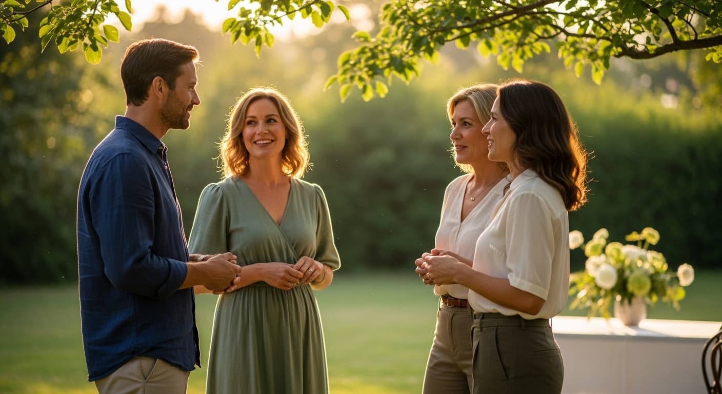 A diverse group of people dressed in smart casual attire, in shades of blue and green, smiling and talking at an outdoor celebration of life.