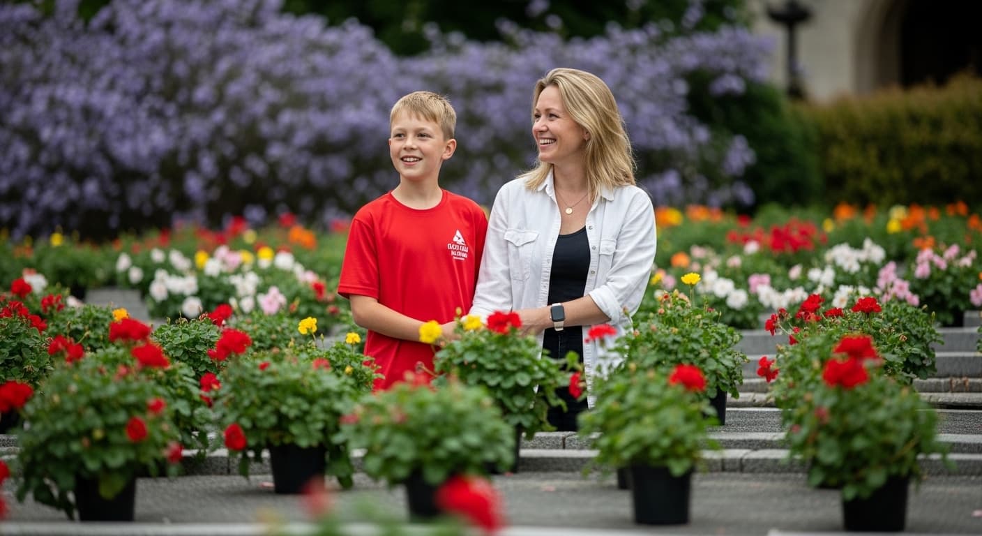 A peaceful, sunlit natural burial ground with a focus on blooming wildflowers and a young couple quietly reflecting near a simple, unmarked wooden marker, conveying serenity and connection to nature.
