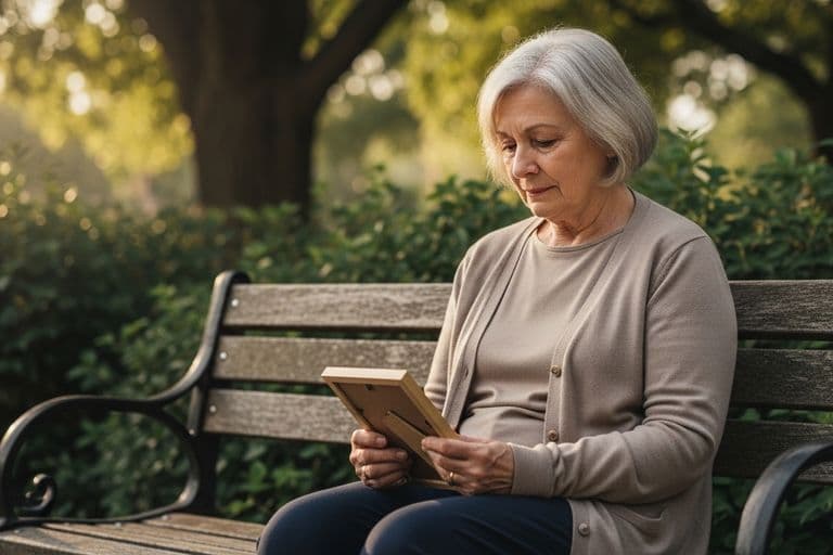 An older woman reflecting on the loss of her spouse, holding a framed photograph gently in a serene park setting.