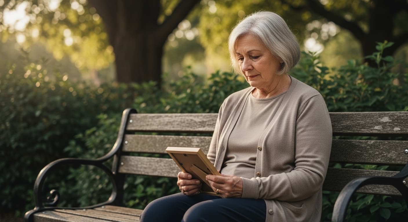 An older woman reflecting on the loss of her spouse, holding a framed photograph gently in a serene park setting.