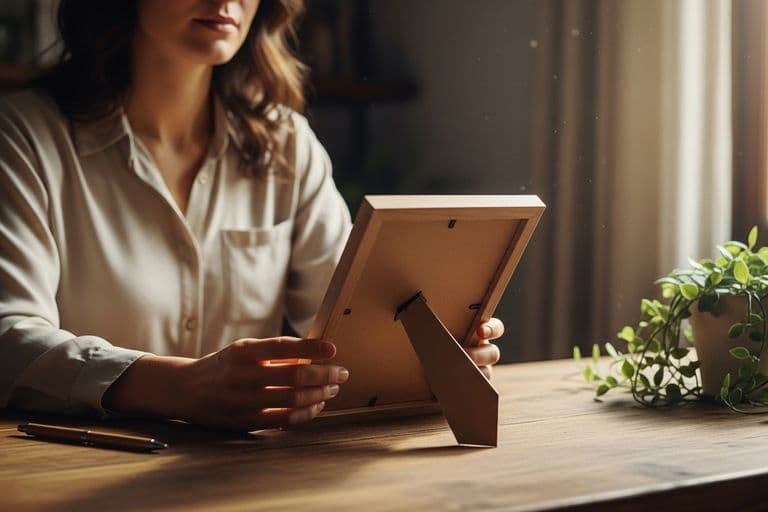 A woman sits thoughtfully at a wooden desk, gently holding a framed photograph. Sunlight streams through a window, illuminating dust motes in the air and casting a soft glow on her face. Her expression is serene and contemplative, suggesting remembrance and peace. On the desk, there are a few scattered memorial items like a small potted plant and a pen, but no prominent text. The focus is on her hands and the framed photo, with a shallow depth of field. Warm, earthy tones dominate the scene, creating a sense of comfort and reflection. Editorial style, high-resolution, realistic. No text in the image.