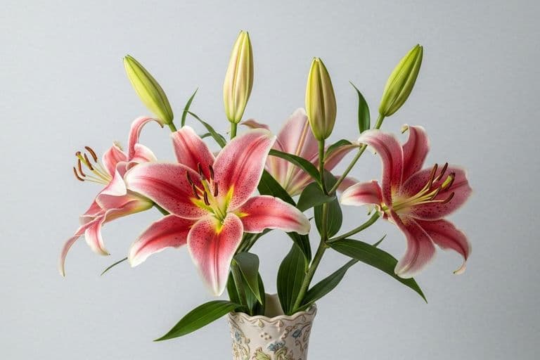 A peaceful arrangement of white lilies and green foliage in a vase, with soft, natural light illuminating the scene. The flowers are delicately arranged, conveying a sense of calm and respect.