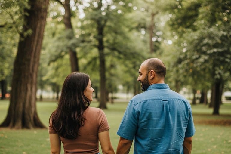 Two friends, one comforting the other with a gentle hand on their shoulder, sitting on a park bench under the soft light of a setting sun. The grieving friend is looking down, while the supportive friend offers a warm, empathetic gaze. Lush green trees and a blurred natural background create a serene atmosphere. Realistic, high-quality, editorial style photography with shallow depth of field. No text in the image.