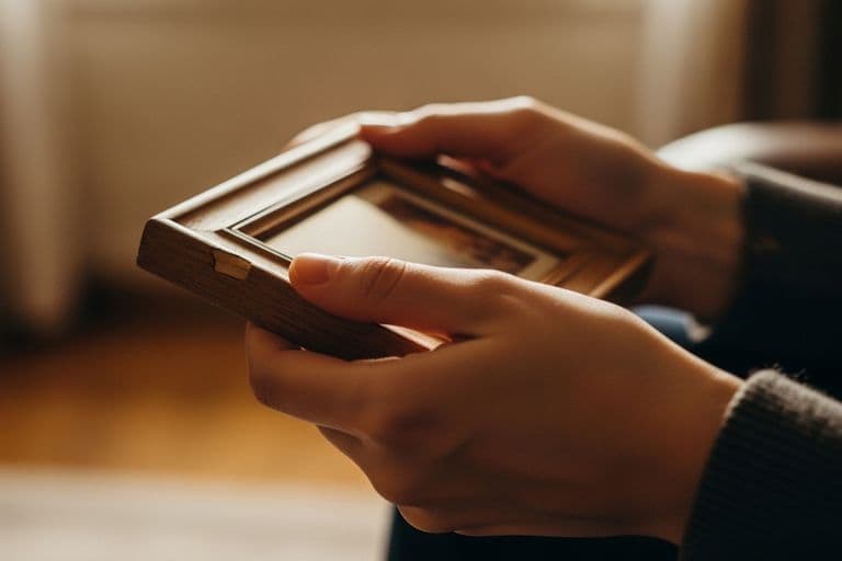 A peaceful, warm scene of a person gently holding an old, framed photograph, possibly of a loved one, with soft, natural light illuminating their hands and the photo. The background is softly blurred, showing a cozy, reflective setting, perhaps a bookshelf or a window. The focus is on the hands and the cherished photograph, evoking remembrance and connection.