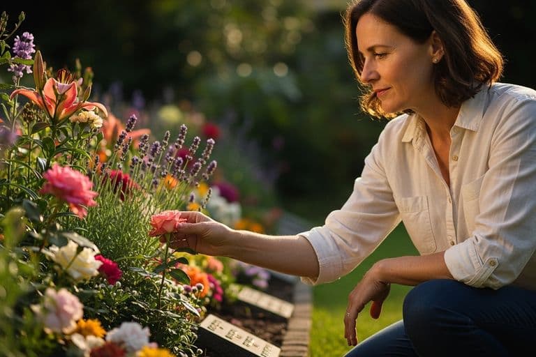 A woman with a gentle, contemplative expression tending to a vibrant memorial garden, with various flowers and a small memorial stone visible. Soft, warm sunlight filters through trees in the background.