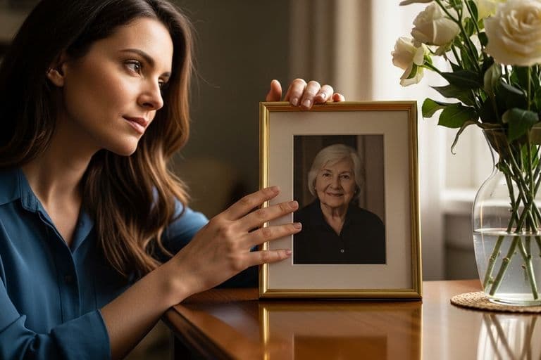 A woman gently touching a framed photograph of her mother, with soft, natural light filtering through a window, creating a peaceful and contemplative atmosphere. A vase with fresh flowers is nearby.
