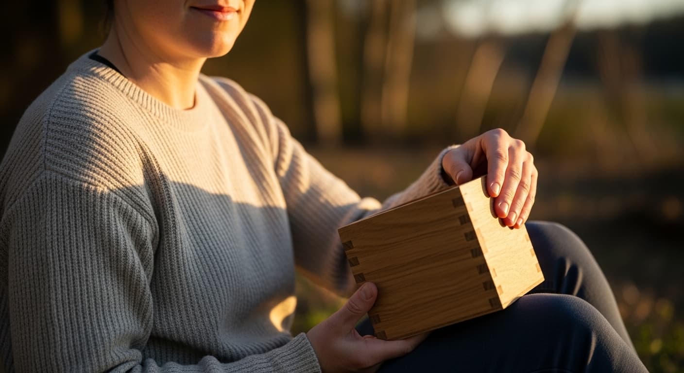A woman sitting on a sunlit porch, looking through a photo album with a gentle, reflective smile surrounded by warm string lights and potted plants.