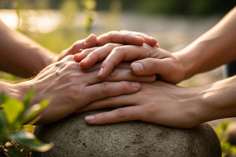 A compassionate hand gently resting on another hand, which holds a small, blurred, framed photograph. The scene is set in a softly lit, peaceful home interior, with warm, muted tones and shallow depth of field. The focus is on the hands and the photograph, conveying comfort and remembrance. No text in the image.
