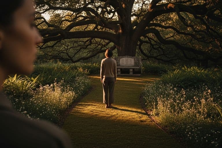 A serene, misty forest path with soft, diffused sunlight filtering through the trees, evoking peace and remembrance.
