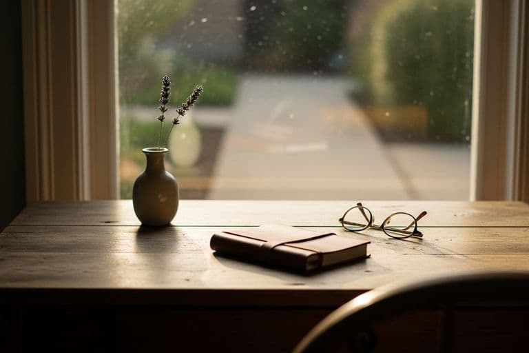 A serene landscape with a single, mature oak tree standing tall in a misty meadow at sunrise. Soft golden light filters through the mist, illuminating dew-covered grass. The mood is peaceful and contemplative.