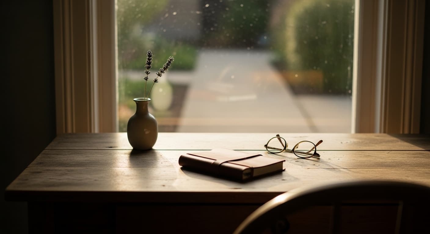 A serene landscape with a single, mature oak tree standing tall in a misty meadow at sunrise. Soft golden light filters through the mist, illuminating dew-covered grass. The mood is peaceful and contemplative.