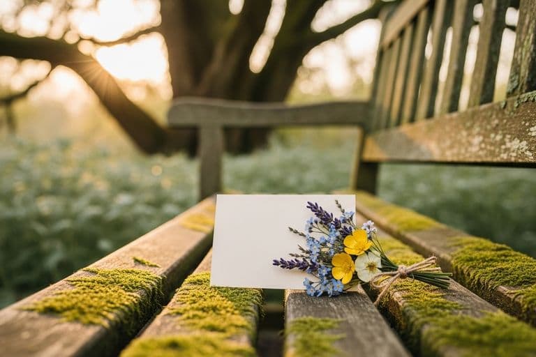 A peaceful outdoor scene with a person sitting quietly on a wooden bench, looking out over a calm garden
