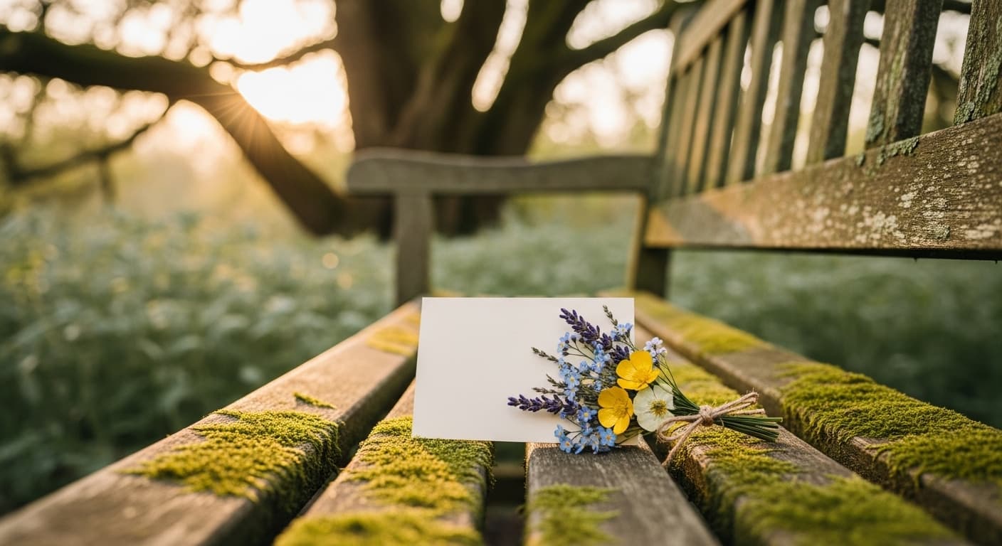 A peaceful outdoor scene with a person sitting quietly on a wooden bench, looking out over a calm garden